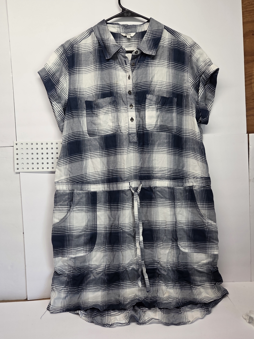 Sonoma Navy and White Plaid Shirt Dress with Drawstring